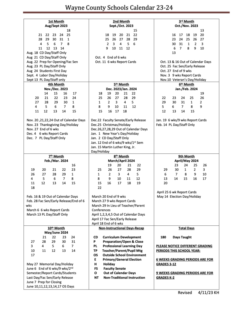 WCS School Calendar 2023-2024 School Year