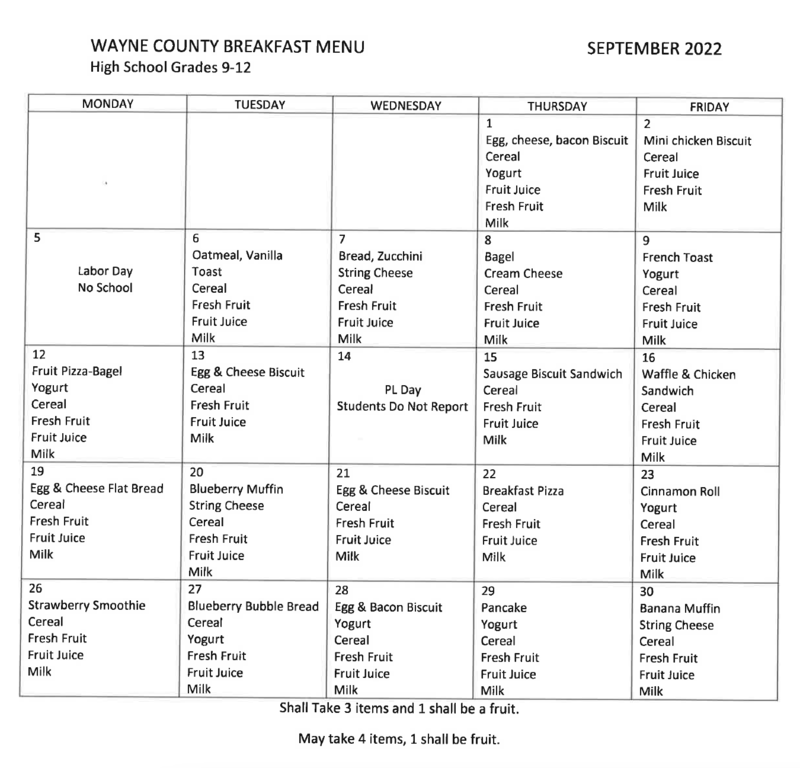 August and September Breakfast and Lunch Menus Wayne County Schools