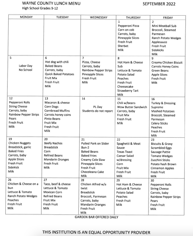 August And September Breakfast And Lunch Menus Wayne County Schools