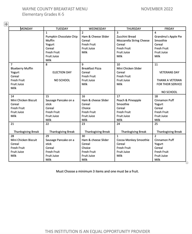 November Breakfast And Lunch Menus Wayne County Schools November Breakfast And Lunch Menus Wayne County Schools