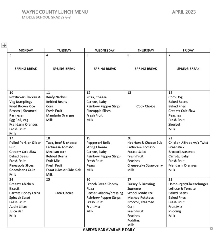 April Menus Wayne County Schools April Menus Wayne County Schools